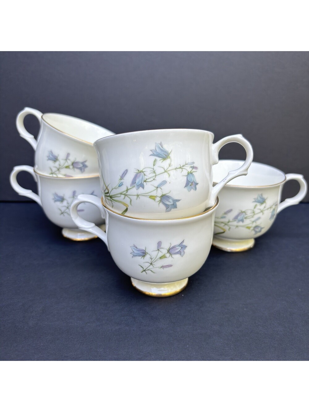 Sadler Wellington Fine Bone China Bluebell Flower Teacups, England, Gold Gilding